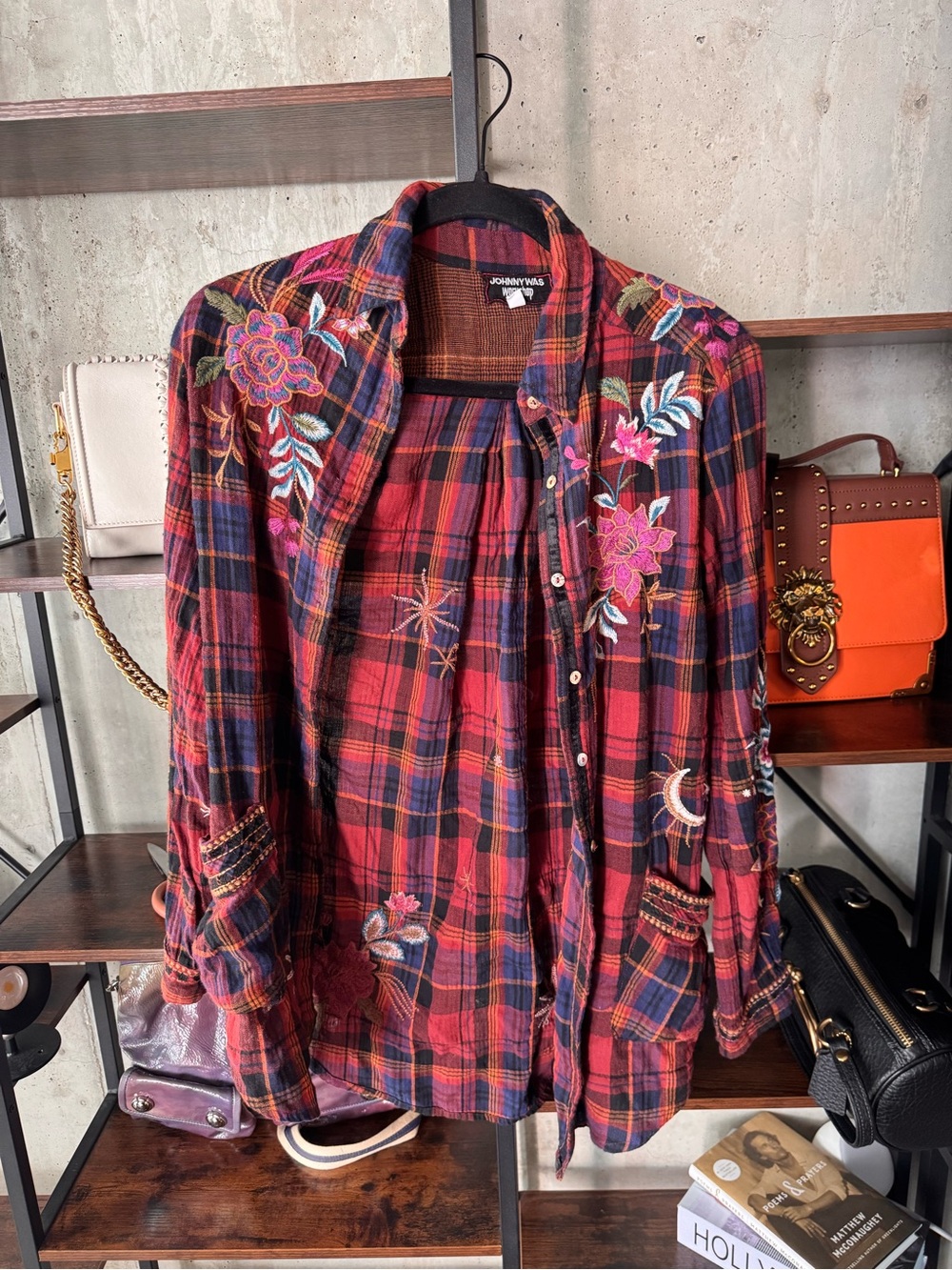 Johnny Was Red & Navy Plaid Embroidered Button-Down Shirt - Size XS - EUC!